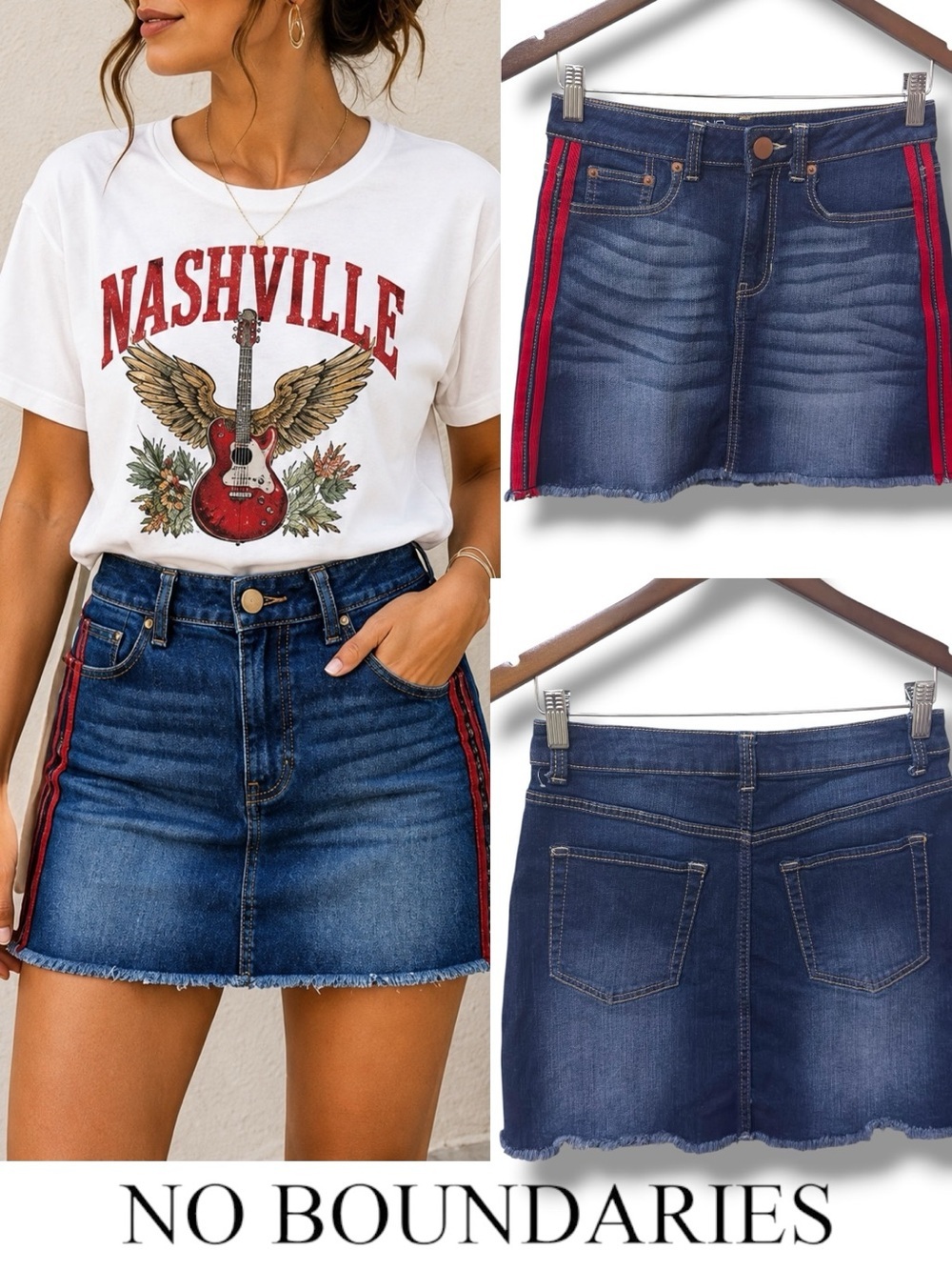 No Boundaries |NWOT Y2K Red Side Stripes Mid Rise Dark Wash Denim Mini Skirt (9)